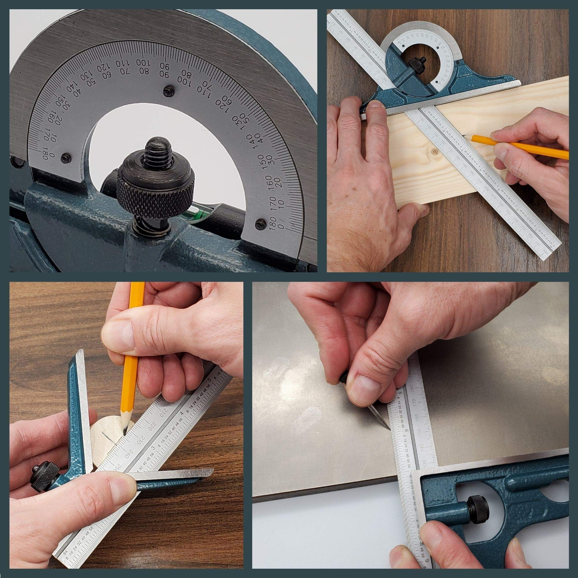 Combination Square Set with Protractor, Woodworking Square, Carpenter Square, 12’’ Bevel Ruler, 180 Degree Angle Finder, Ideal for Woodworking, Metalworking, Cabinets and Joinery, Steel, Iron, Case