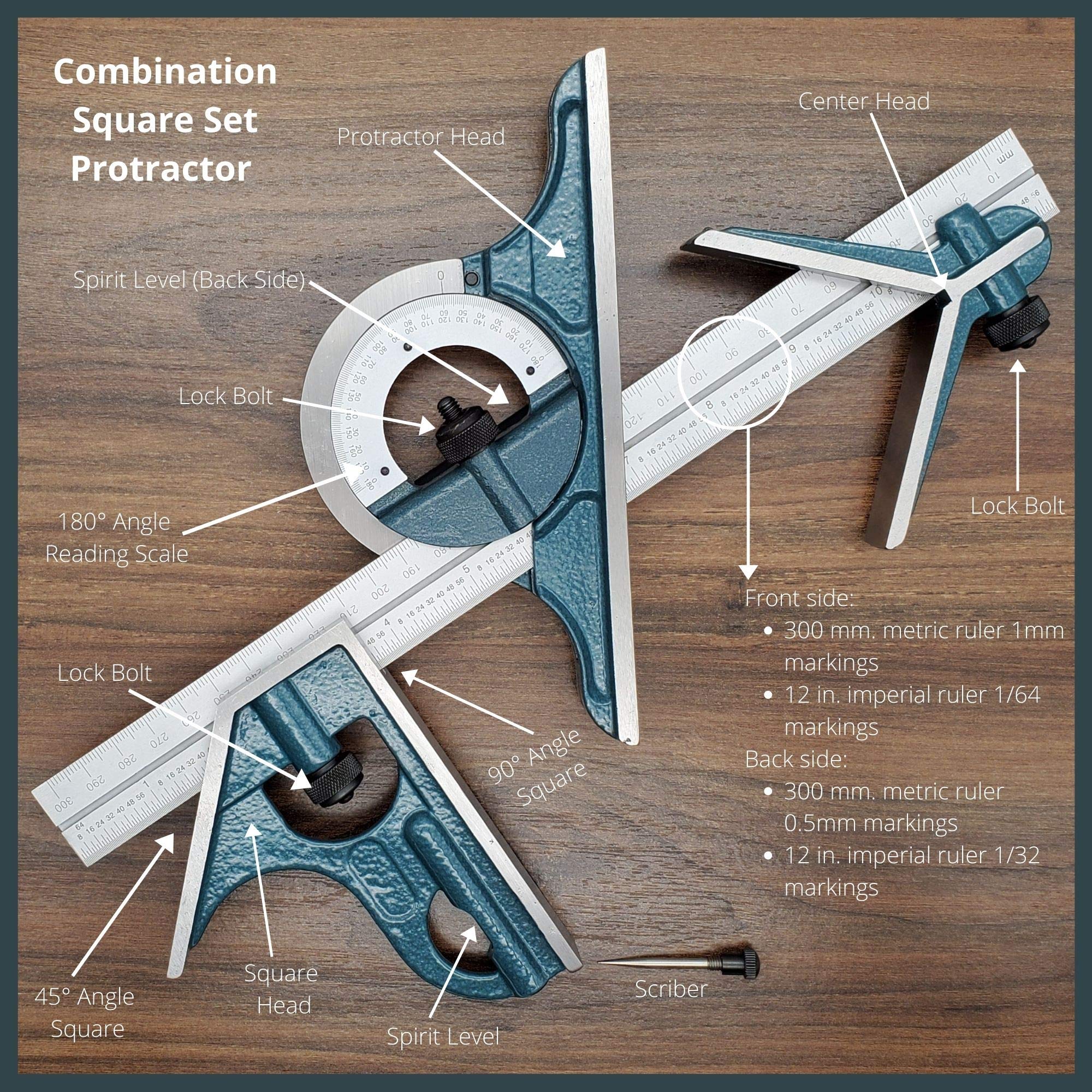 Combination Square Set with Protractor, Woodworking Square, Carpenter Square, 12’’ Bevel Ruler, 180 Degree Angle Finder, Ideal for Woodworking, Metalworking, Cabinets and Joinery, Steel, Iron, Case