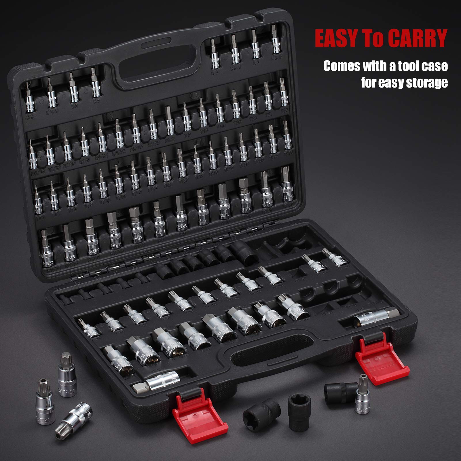 RIMKOLO 92-Piece Allen and Torx Bit Socket Set, 1/4" 3/8" and 1/2" Drive Torx/Tamper Proof Torx/Hex SAE & Metric Bit Set