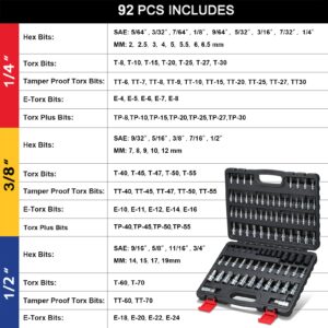 RIMKOLO 92-Piece Allen and Torx Bit Socket Set, 1/4" 3/8" and 1/2" Drive Torx/Tamper Proof Torx/Hex SAE & Metric Bit Set