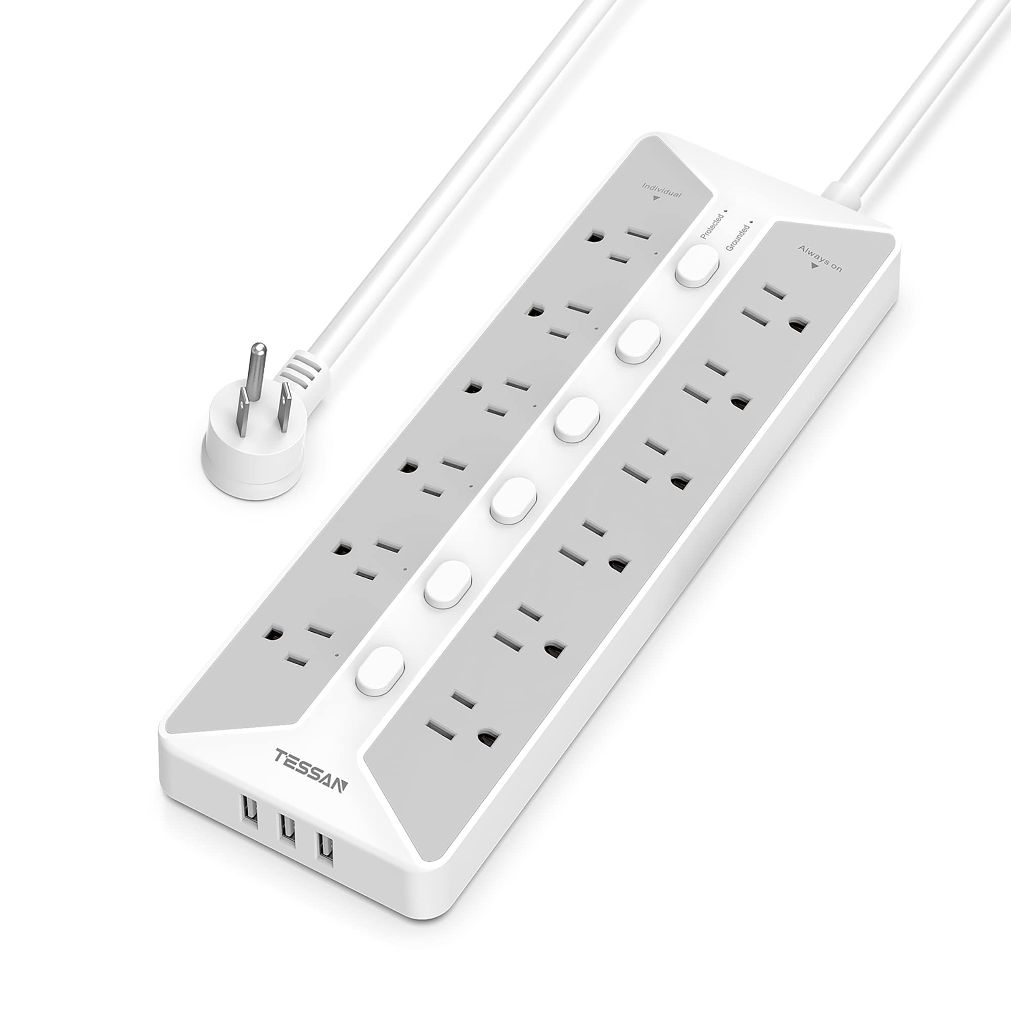 Power Strip with USB, Individual Switches, TESSAN 12 Outlets and 3 USB Ports, Long Extension Cord 6 Feet with Surge Protector for Home, Dorm and Office Accessories, 1700J Protection, Gray