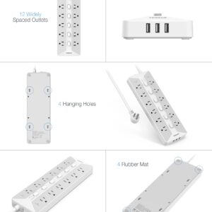 Power Strip with USB, Individual Switches, TESSAN 12 Outlets and 3 USB Ports, Long Extension Cord 6 Feet with Surge Protector for Home, Dorm and Office Accessories, 1700J Protection, Gray