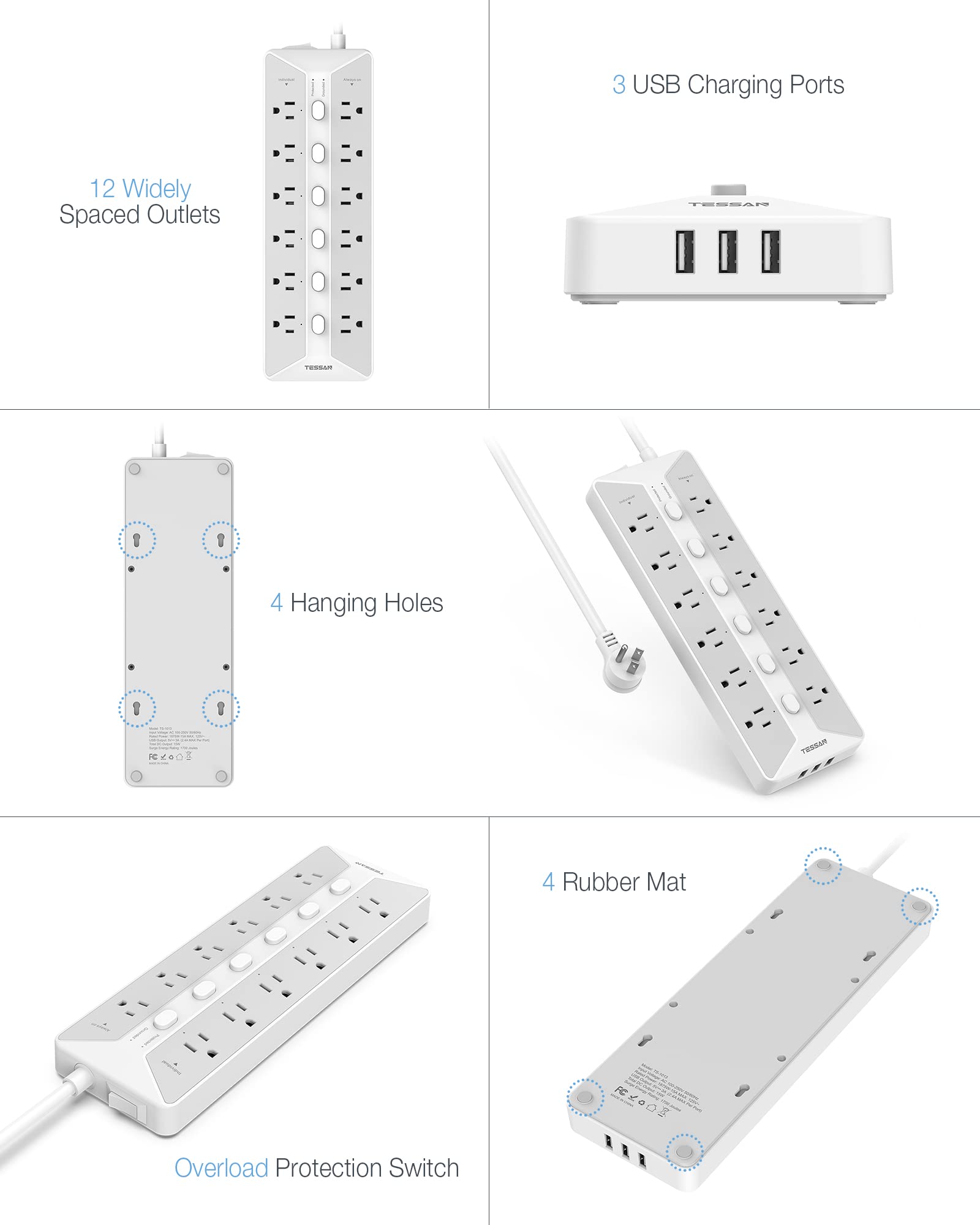 Power Strip with USB, Individual Switches, TESSAN 12 Outlets and 3 USB Ports, Long Extension Cord 6 Feet with Surge Protector for Home, Dorm and Office Accessories, 1700J Protection, Gray