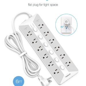 Power Strip with USB, Individual Switches, TESSAN 12 Outlets and 3 USB Ports, Long Extension Cord 6 Feet with Surge Protector for Home, Dorm and Office Accessories, 1700J Protection, Gray
