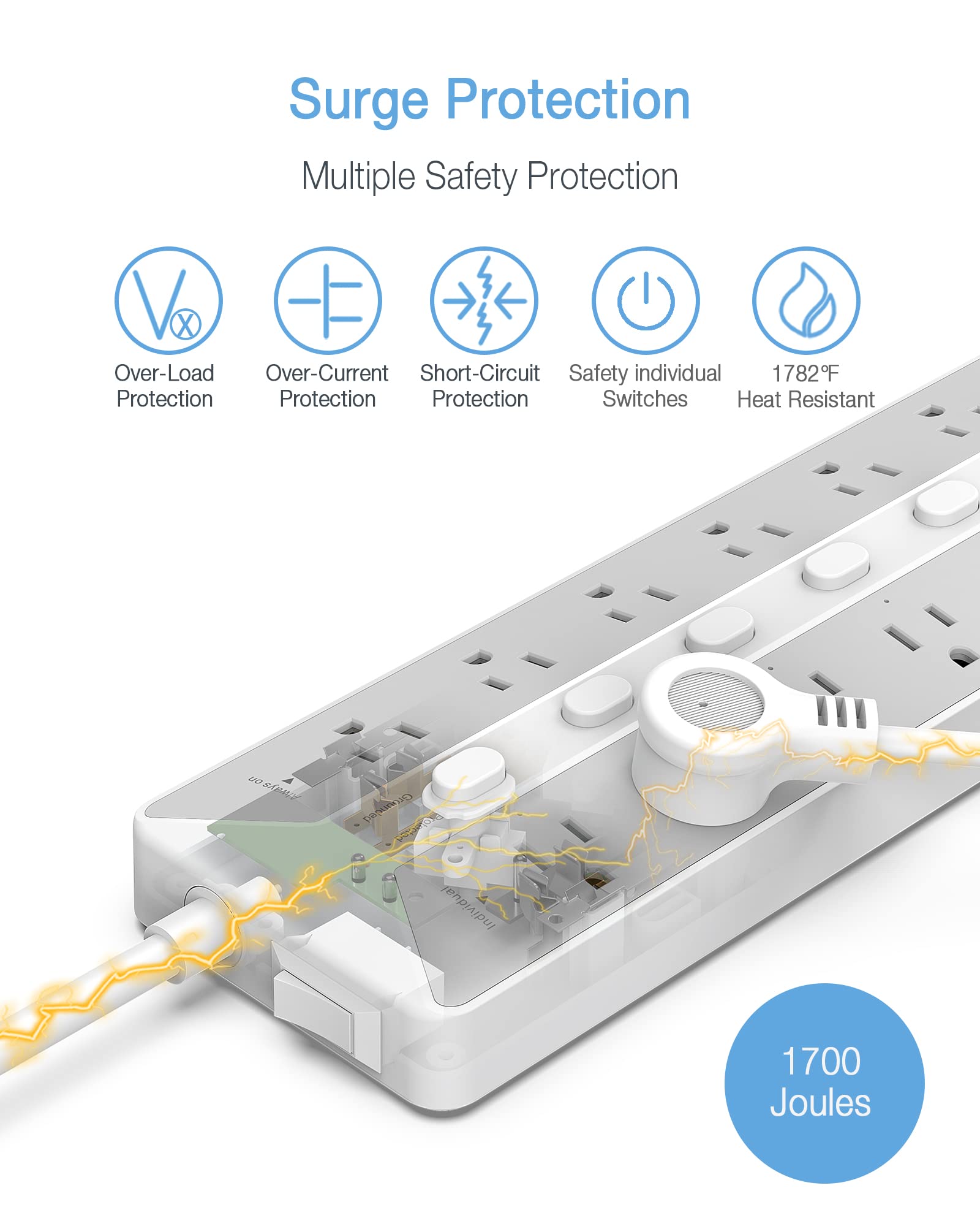 Power Strip with USB, Individual Switches, TESSAN 12 Outlets and 3 USB Ports, Long Extension Cord 6 Feet with Surge Protector for Home, Dorm and Office Accessories, 1700J Protection, Gray