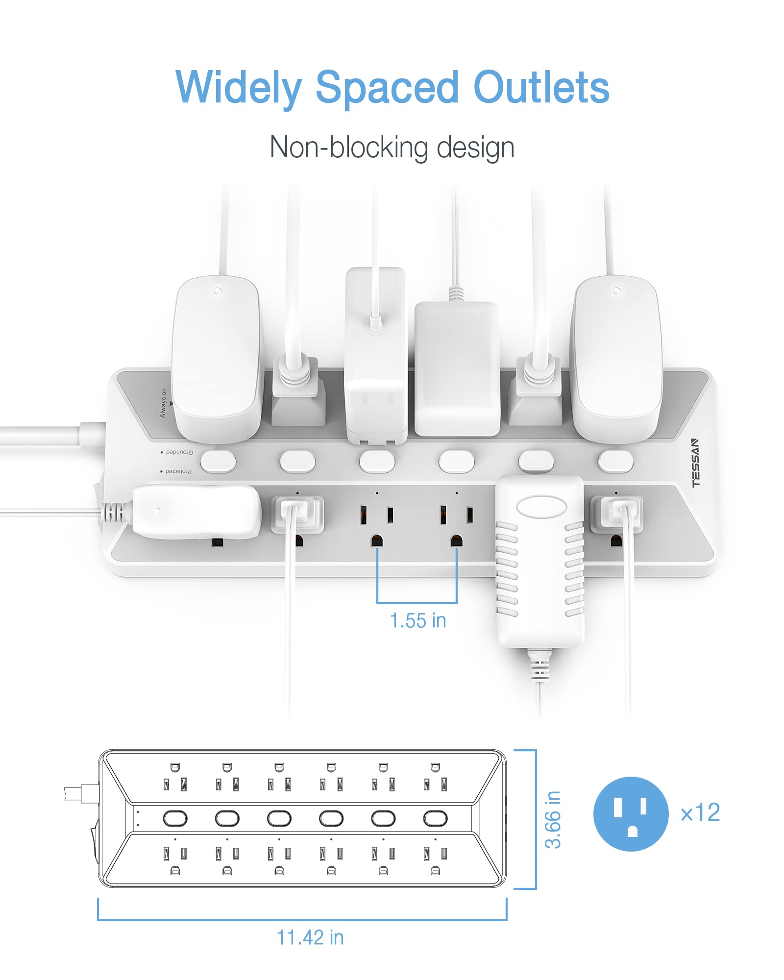 Power Strip with USB, Individual Switches, TESSAN 12 Outlets and 3 USB Ports, Long Extension Cord 6 Feet with Surge Protector for Home, Dorm and Office Accessories, 1700J Protection, Gray