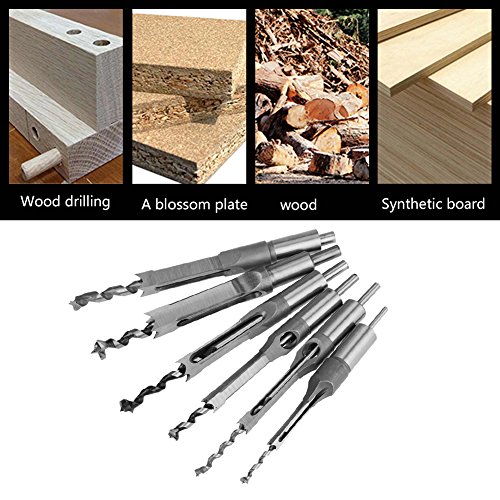 6Pcs Hole Drill Bit, Square Hole Drill Bit Woodworking Hole Saw Mortising Chisel Drill Bit Tool 1/4-Inch, 3/4inch, 3/8-Inch, 5/8-Inch, 5/16-Inch, 9/16-Inch Hole Saw Drill Bit Auger Rotation Wood Tool