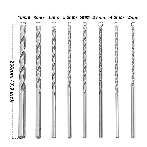 Saipe 8pcs 200mm Twist Drill Bit Set Extra Long HSS Twist Bits Round Straight Shank Tool Sets Wood Working Tool for Wood Plastic and Aluminum (4-10mm)