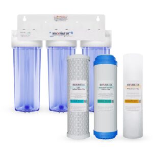 max water 10 inch standard whole house 3 stage (good for city water) water filtration,10” x 2.5” sediment + gac + cto carbon water filters - 3/4" ports - model : wh-sc5