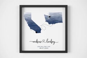 long distance love personalized map gift framed print wedding keepsake wedding gift engagement gift for couple