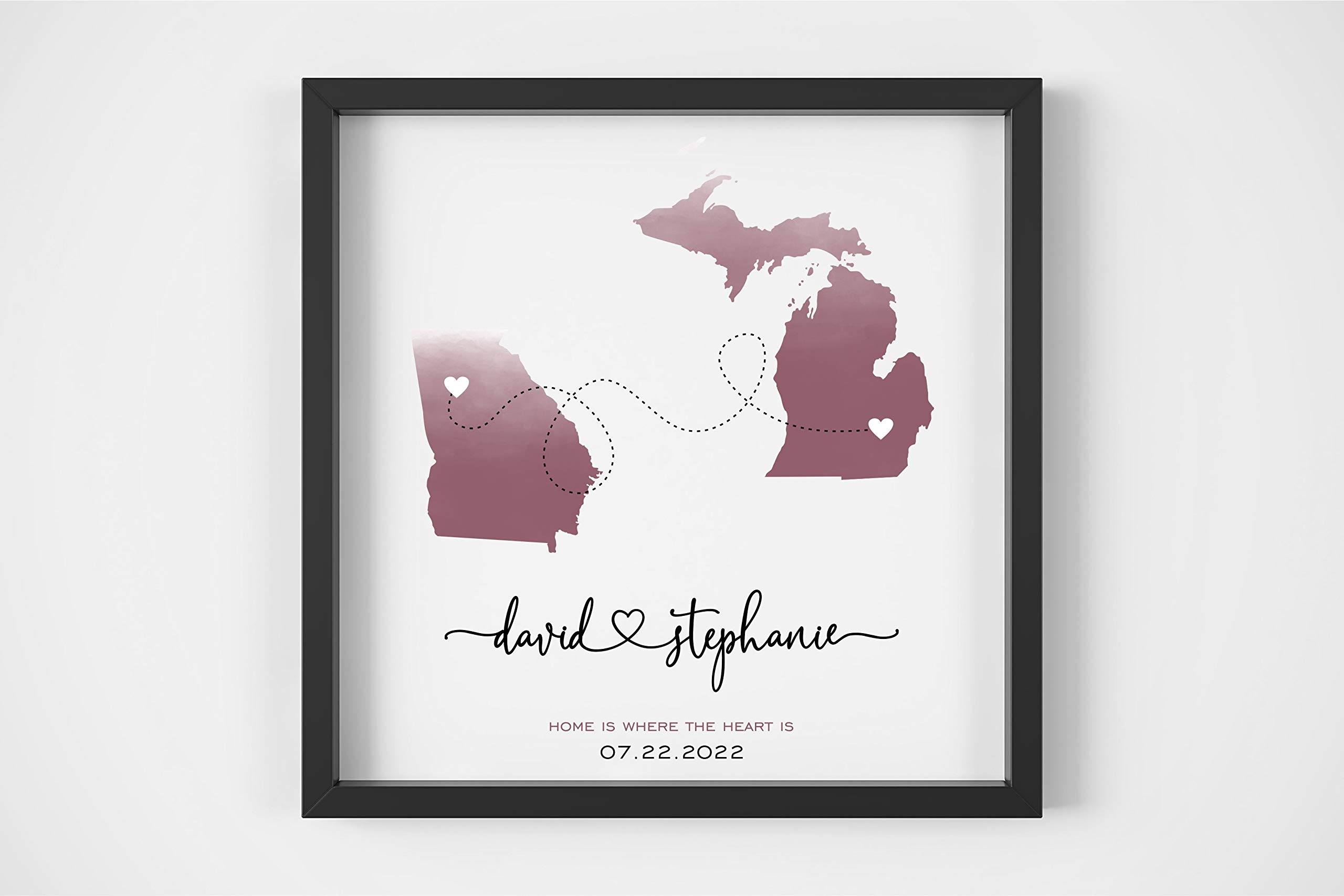 Long Distance Love Personalized Map Gift FRAMED Print Wedding Keepsake Wedding Gift Engagement Gift for Couple