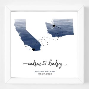 Long Distance Love Personalized Map Gift FRAMED Print Wedding Keepsake Wedding Gift Engagement Gift for Couple