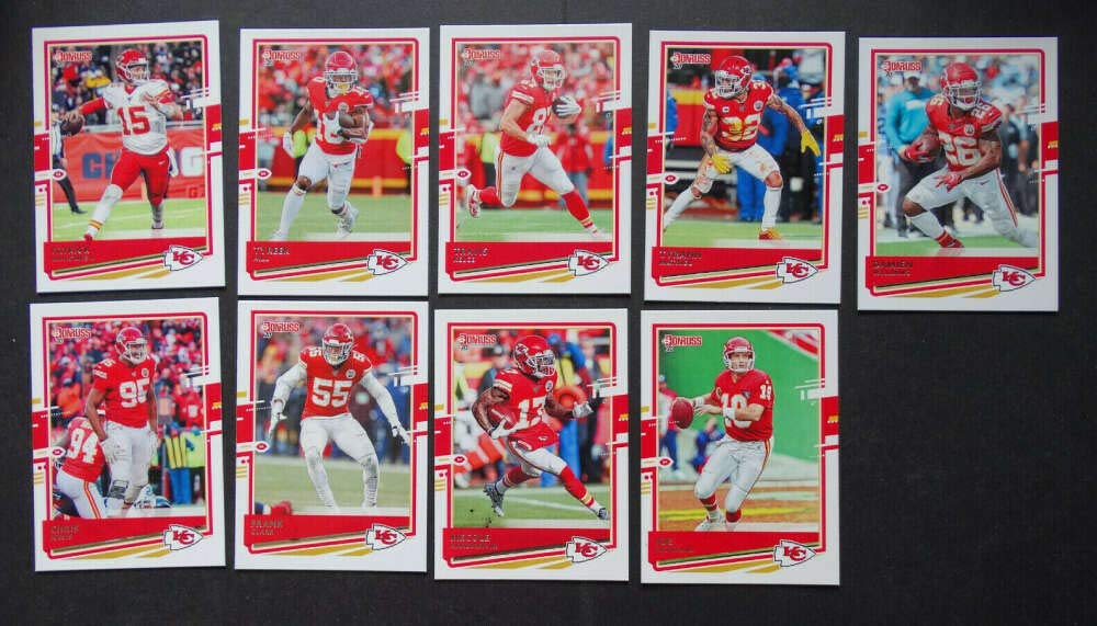 2020 Donruss Veteran Football Kansas City Chiefs Team Set of 9 Cards: Patrick Mahomes II(#1), Tyreek Hill(#2), Travis Kelce(#3), Tyrann Mathieu(#4), Damien Williams(#5), Chris Jones(#6), Frank Clark(#7), Mecole Hardman Jr.(#8), Joe Montana(#9)