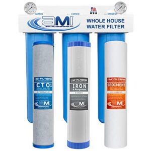 applied membranes inc. 3-stage whole-house water filter system, 4.5x20-inch sediment, carbon, and iron filter cartridges
