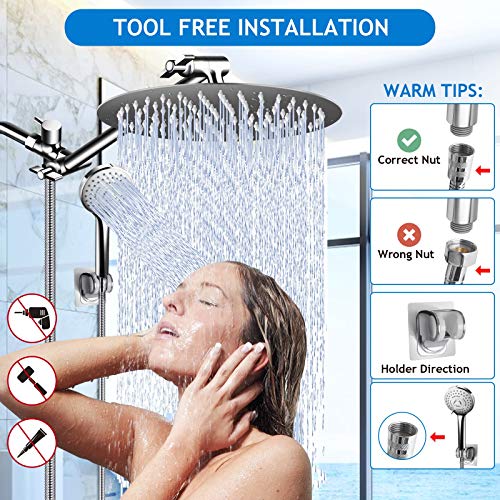 Shower Head Combo,10 Inch High Pressure Round Rain Shower Head with 11 Inch Adjustable Extension Arm and 5 Settings Handheld Shower Head,Powerful Shower Spray Against Low Pressure Water with Long Hose