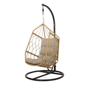 christopher knight home allegra outdoor hanging chair with stand, light brown + tan + black