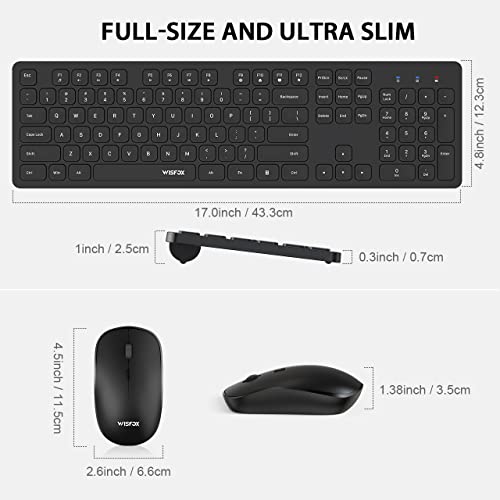 Wireless Keyboard and Mouse, Silent Responsive Keys, Full Size and Battery Powered - Slim Design and Quiet Typing, USB Cordless Combo for Mac, Computer, PC, Laptop - by Wisfox, Black