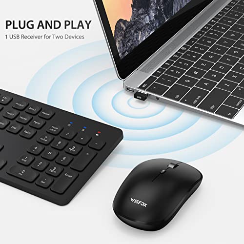 Wireless Keyboard and Mouse, Silent Responsive Keys, Full Size and Battery Powered - Slim Design and Quiet Typing, USB Cordless Combo for Mac, Computer, PC, Laptop - by Wisfox, Black
