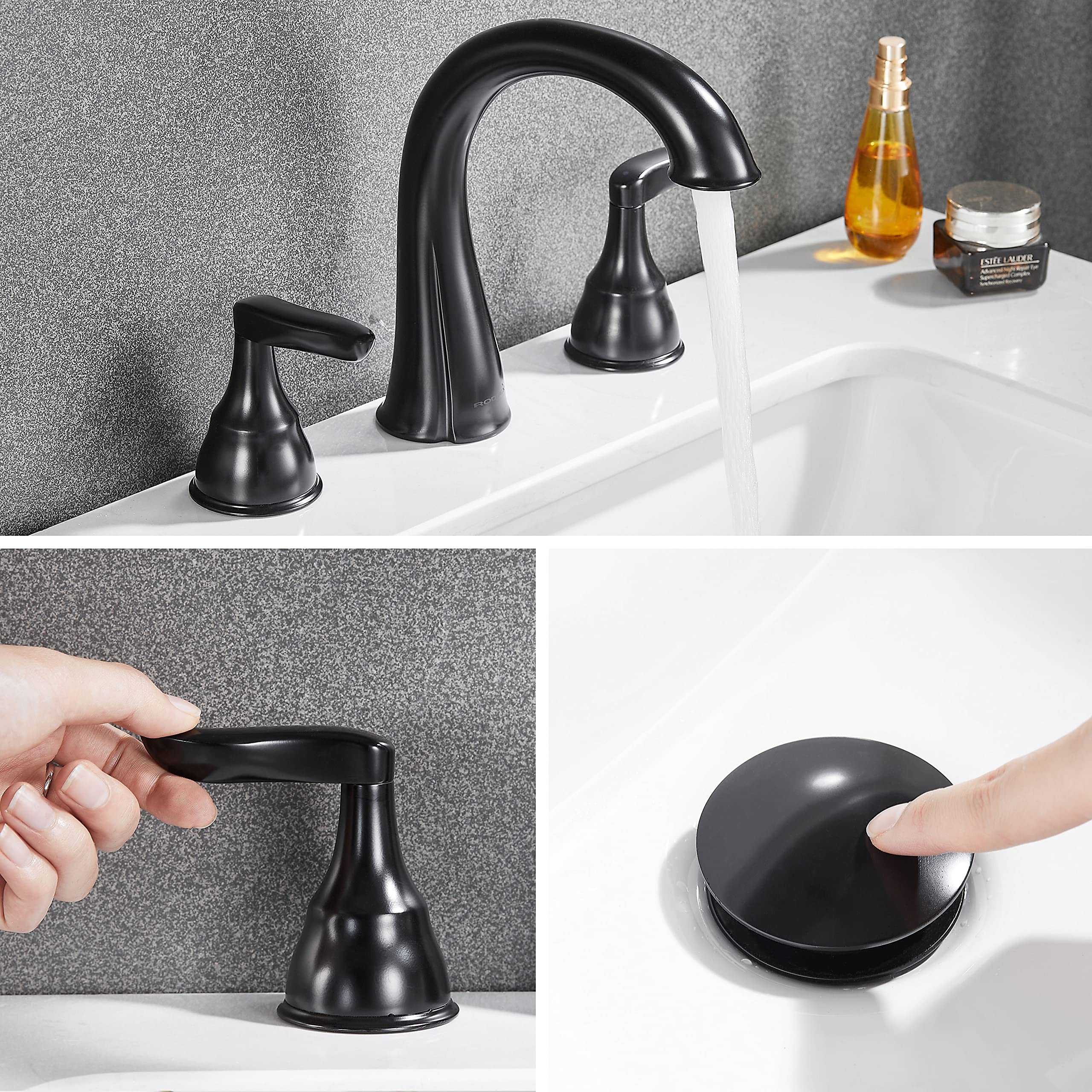 RODDEX Widespread Bathroom Sink Faucets 8 Inch Two Handle 3 Hole Vanity Bathroom Faucet with Metal Drain Assembly,Matte Black