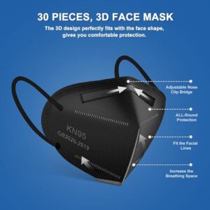 OPECTICID KN95 Face Masks 30 Pack, KN95 Mask Black Protection Cup Masks Breathable 5-Layer Filter Efficiency≥95% Disposable Certified KN95 Respirator Masks for Adults