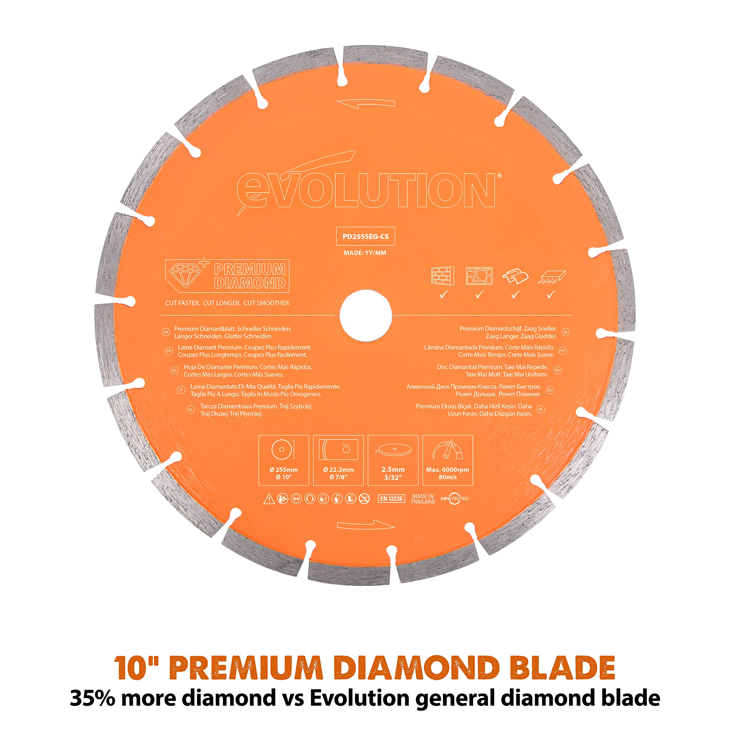 Evolution R255DCT - 10 In Concrete Saw (Aka Circular Saw, Angle Grinder, Chop Saw, Cut Off Saw, Demo Saw, Disc Cutter, Power Cutter) - 15A Motor, No Gas - 4-1/16 In Cut - Incl Premium Diamond Blade