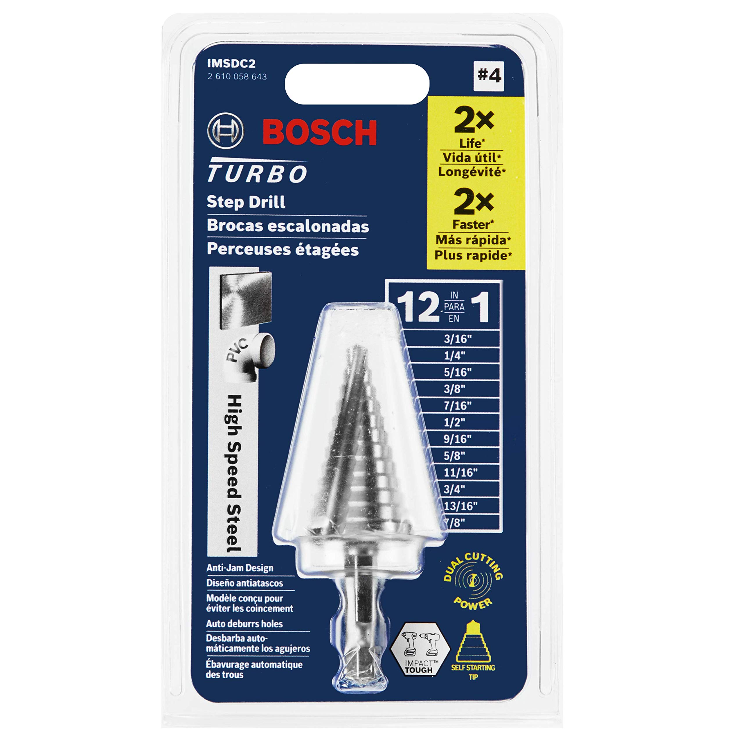 Bosch IMSDC2 3/16 In. to 7/8 In. High-Speed Steel Turbo Impact Step Drill Bit