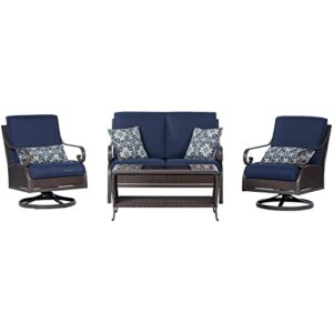 hanover 4-piece madrid outdoor patio furniture chat set, 2 swivel rocker side chairs, loveseat, glass top coffee table, all-weather hand-woven wicker, aluminum frames, thick cushions, navy