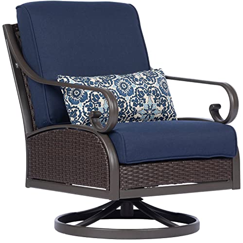 Hanover 4-Piece Madrid Outdoor Patio Furniture Chat Set, 2 Swivel Rocker Side Chairs, Loveseat, Glass Top Coffee Table, All-Weather Hand-Woven Wicker, Aluminum Frames, Thick Cushions, Navy