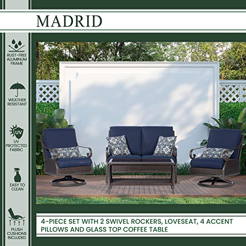 Hanover 4-Piece Madrid Outdoor Patio Furniture Chat Set, 2 Swivel Rocker Side Chairs, Loveseat, Glass Top Coffee Table, All-Weather Hand-Woven Wicker, Aluminum Frames, Thick Cushions, Navy