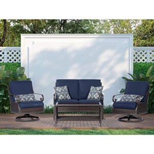 Hanover 4-Piece Madrid Outdoor Patio Furniture Chat Set, 2 Swivel Rocker Side Chairs, Loveseat, Glass Top Coffee Table, All-Weather Hand-Woven Wicker, Aluminum Frames, Thick Cushions, Navy