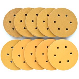 aiyard 6-inch 6-hole hook and loop sanding discs, 60/80/100/120/150/220/320/400/600/800 assorted grits sandpaper for random orbital sander, 100-pack