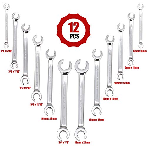 ARUCMIN Flare Nut Wrench Set,12-Piece Chrome Vanadium Steel Wrench Set SAE & Metric 1/4"-7/8" and 6-21mm with Organizer Box