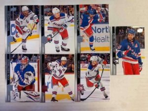 2020-21 ud upper deck series one new york rangers base veteran team set of 7 cards: #120 tony deangelo, #121 adam fox, #122 artemi panarin, #123 igor shesterkin, #124 marc staal, #125 jacob trouba, #126 mika zibanejad