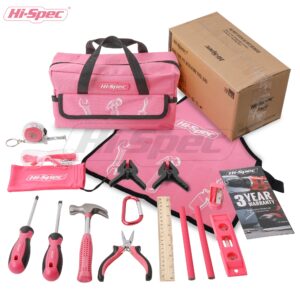 Hi-Spec 18pc Pink Kids Tool Kit Set & Child Size Tool Bag. Real Metal Hand Tools for DIY Building, Woodwork & Construction