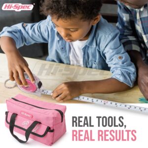 Hi-Spec 18pc Pink Kids Tool Kit Set & Child Size Tool Bag. Real Metal Hand Tools for DIY Building, Woodwork & Construction