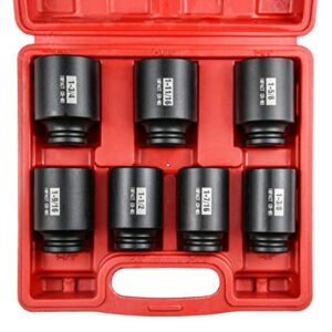 SEKETMAN 7Pcs 1/2" Drive Deep 6-Point Impact Socket Set/Spindle Nut Impact Socket Set, Inch, Cr-Mo,1-3/8-Inch - 1-3/4-Inch