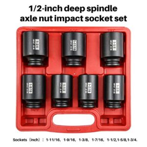 SEKETMAN 7Pcs 1/2" Drive Deep 6-Point Impact Socket Set/Spindle Nut Impact Socket Set, Inch, Cr-Mo,1-3/8-Inch - 1-3/4-Inch