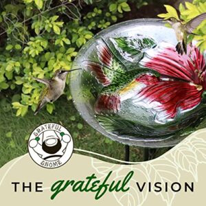 Grateful Gnome Hand-Painted Glass Bowl Bird Bath w/Solar Fountain - Red Ruby Flower Design