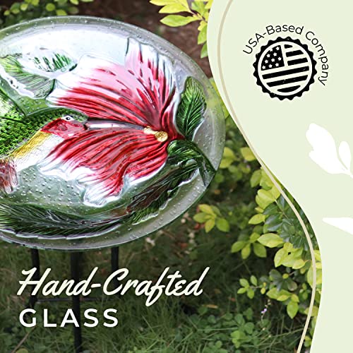 Grateful Gnome Hand-Painted Glass Bowl Bird Bath w/Solar Fountain - Red Ruby Flower Design