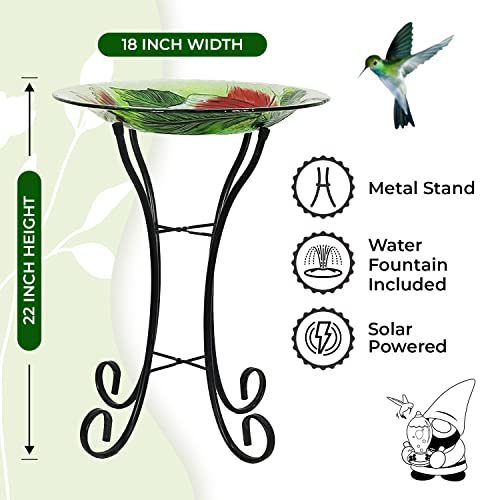 Grateful Gnome Hand-Painted Glass Bowl Bird Bath w/Solar Fountain - Red Ruby Flower Design