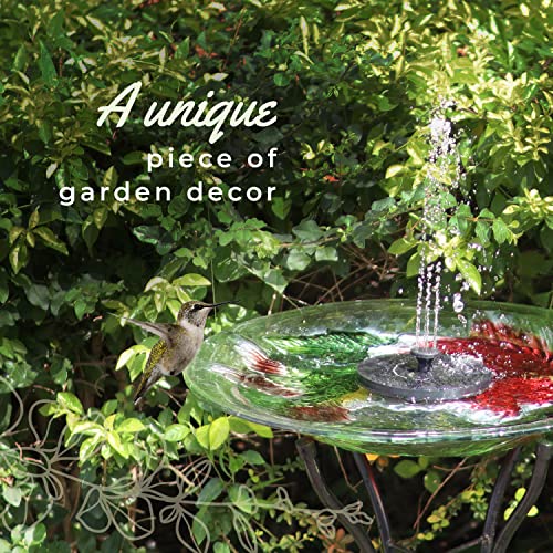 Grateful Gnome Hand-Painted Glass Bowl Bird Bath w/Solar Fountain - Red Ruby Flower Design