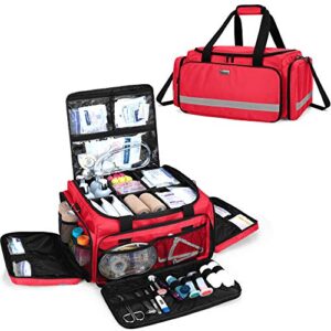 trunab first responder bag empty, professional medical supplies bag first aid kits bag with inner dividers for home health nurse, community care, emt, ems, bag only, red - patented design
