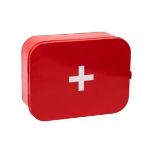 mind reader first aid box, emergency kit, medical supply organizer, wall mountable, metal, 12.25" l x 9.25" w x 4.25" h, red
