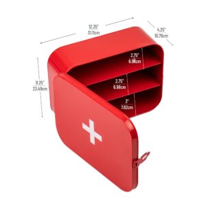 Mind Reader First Aid Box, Emergency Kit, Medical Supply Organizer, Wall Mountable, Metal, 12.25" L x 9.25" W x 4.25" H, Red