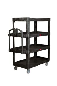 new rubbermaid commercial products 4-shelf utility/service quad cart, heavy duty large, lipped shelf, ergonomic handle, 700 lbs. capacity, for warehouse/garage/cleaning/manufacturing (2128657) black