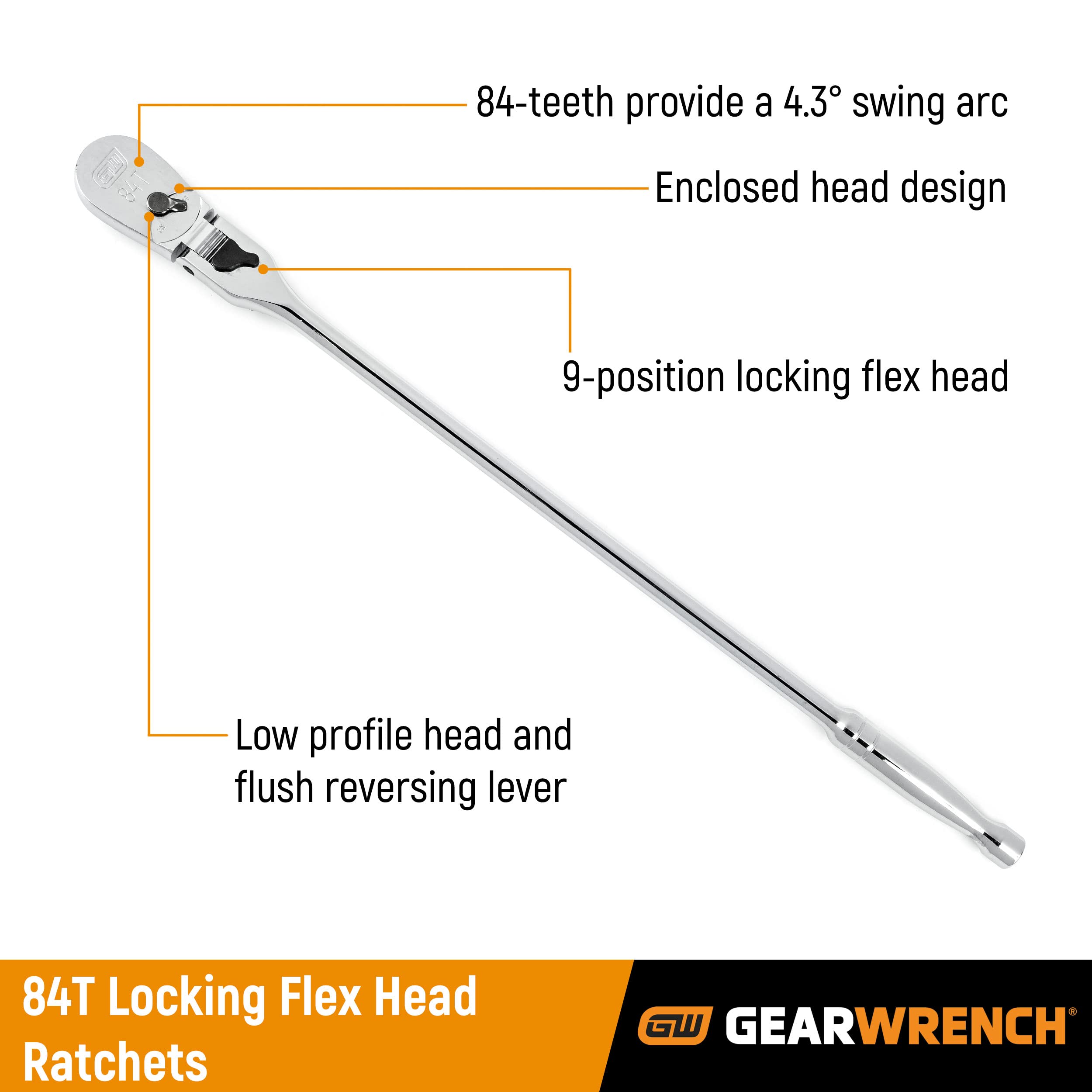 GEARWRENCH 1/2" Drive 84 Tooth Locking Flex Head Teardrop Ratchet 17" - 81362A-07