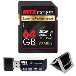 ritz gear sd card sdxc uhs-i 64gb extreme performance high speed 90/60 mb/s u3 a1 class-10 v30 memory card for camera + memory-card-reader-and-wallet
