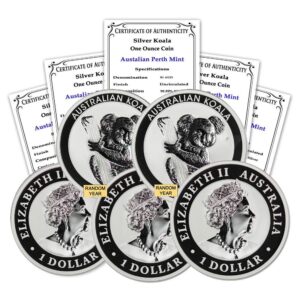 2007 - present (random year) lot of (5) australian 1 oz silver koala coins brilliant uncirculated (in capsule) with certificate of authenticity bu