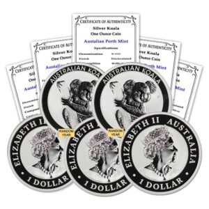 2007 - Present (Random Year) Lot of (5) Australian 1 oz Silver Koala Coins Brilliant Uncirculated (in Capsule) with Certificate of Authenticity BU