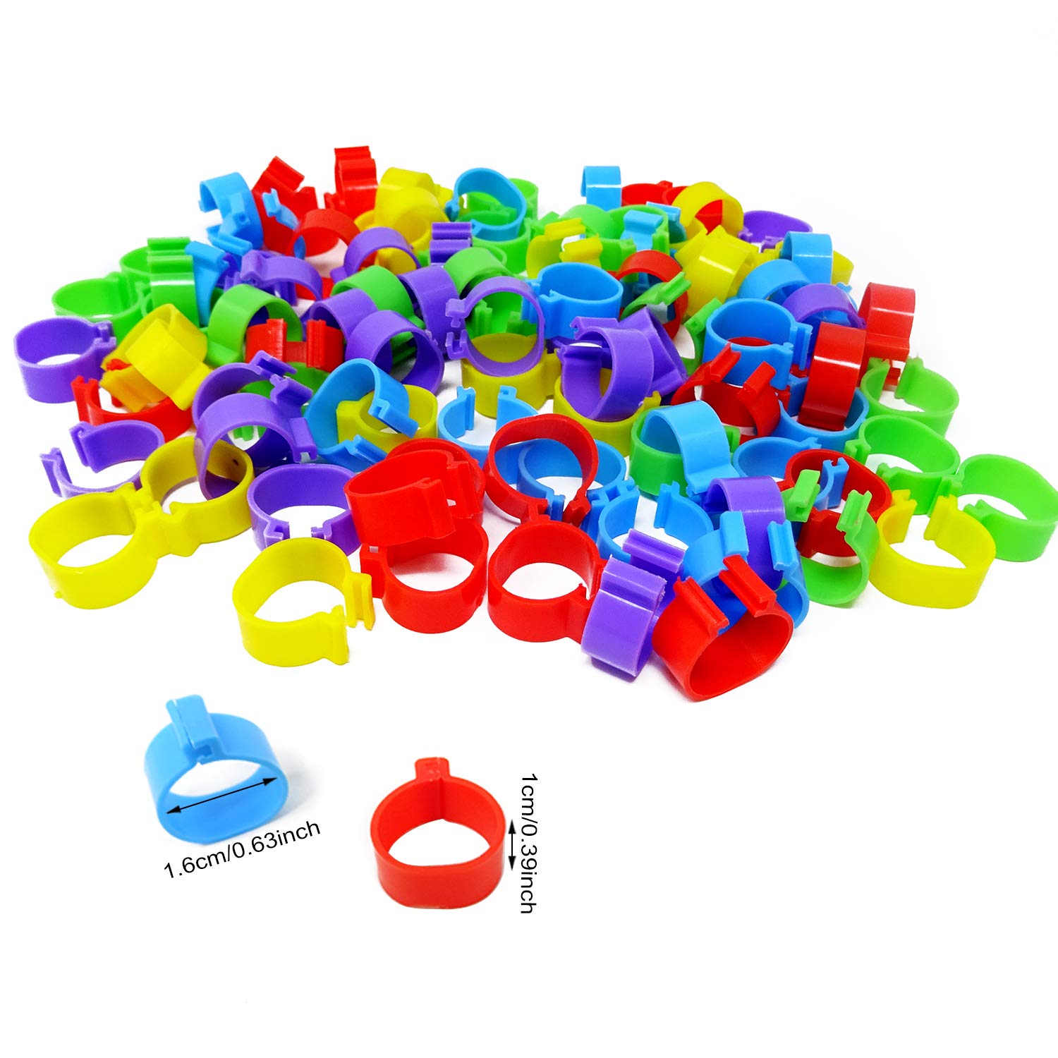 HONBAY 100PCS 5 Colors Poultry Foot Rings Leg Bands Clip-on Rings for Birds, Ducks and Chickens (16mm(1.1-5.5lbs))